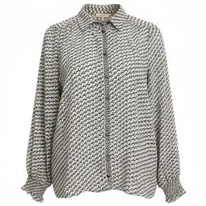 Max Studio Black White Leaf Print Button Blouse Long Sleeve Large NWT